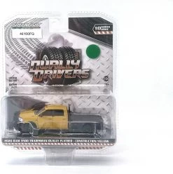 2020 Ram 3500 Tradesman Dually Flatbed In Construction Yellow With "Rare Green Wheels" In 1:64 Scale